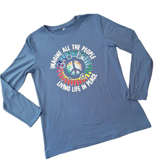 Imagine Peace Long Sleeve Top Size L Teal Blue Retro Musiccore Retro Style - Picture 2 of 13